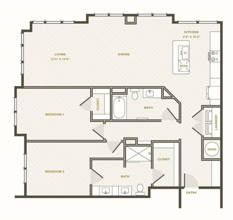 Floor plan for 2 beds, 2 baths, 1367 sqft